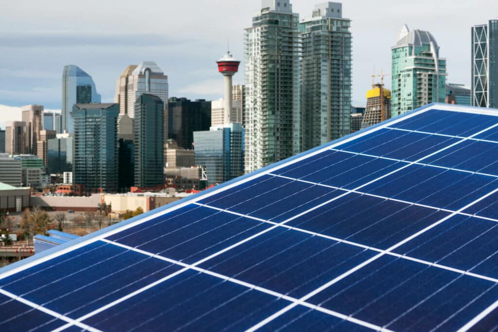 image solar panel with cityscape of calgary
