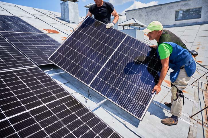 Workers building solar panel system on roof of house. Installers carrying photovoltaic solar module